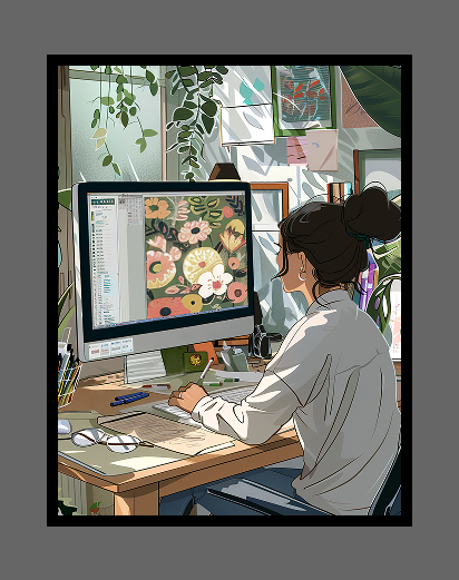 Portrait illustration of a person designing flowers on a computer in a sunlit studio with trailing plants, sketches, and drawing materials, within a black border.