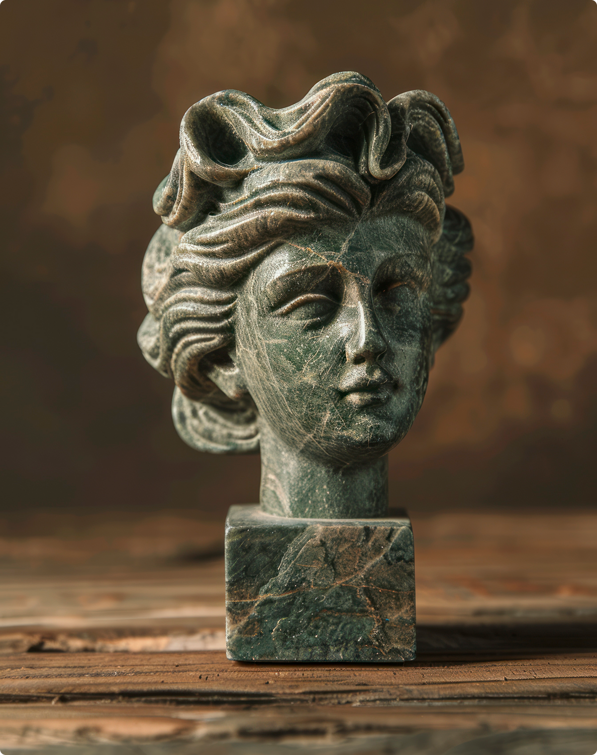 Weathered green sculptural female bust with flowing curls on a square base