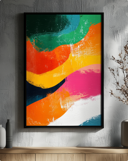 Colourful abstract wall art with sweeping orange, yellow, teal and pink forms displayed in a black frame