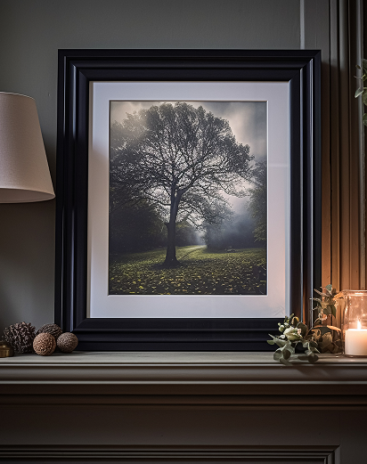 Solitary tree in a misty green landscape, shown with a broad light border and layered black frame.