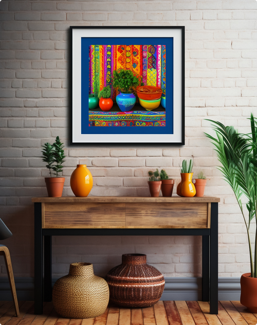 Vibrant framed artwork of potted plants and colourful vessels against patterned textiles