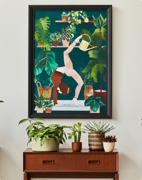 Artwork of an upside-down figure among lush green houseplants against a dark teal backdrop