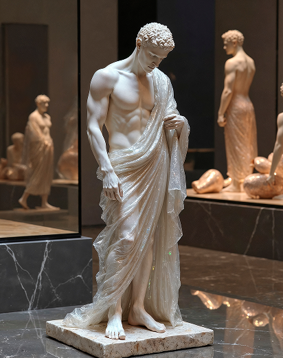 Pale classical male sculpture with curled hair, a bowed head, and flowing drapery gathered in one hand, standing on a rectangular base.